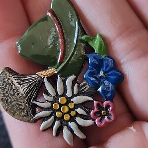 VTG Kuhn Zinn Pewter Floral Enamel Brooch with Green and Blue Accents